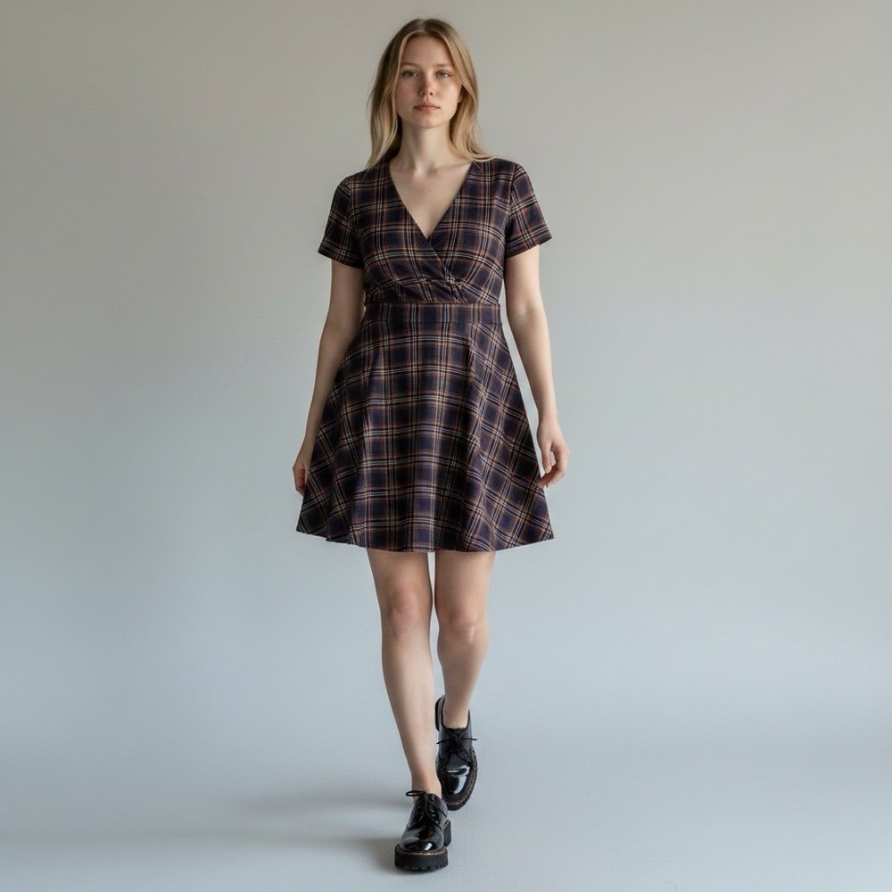 Torrid Retro Chic Plaid Mini Dress Surplice Fit Flare Purple Orange Plus 22 2X